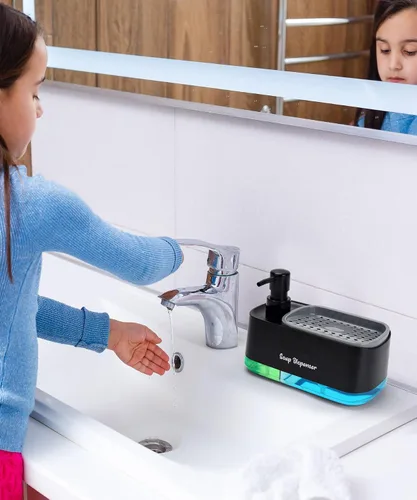 Vista 7 de Juego de dispensador de jabón para manos y platos para cocina, dispensador de jabón doble con soporte para esponja, dispensador de bomba de jabón 3