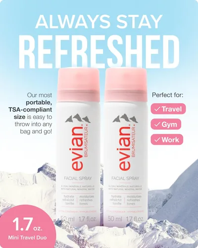 Vista 2 de Evian Facial Spray 1.7 oz - Hydrating Mineral Water Mist for Face & Skin - Refreshes Makeup and Tones Skin - TSA-Approved Mini Facial Spray Set for