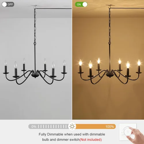 Vista 5 de Lámpara de araña enchufable con cable largo, candelabros estilo granja negros de 6 luces para lámpara de comedor, luces colgantes con cable 12 luces