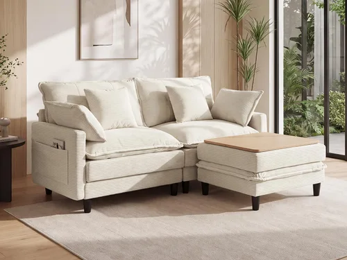 Vista 11 de Sofá de nube en forma de L de 73.5 pulgadas, sofá modular con mesa auxiliar otomana, sofá biplaza de pana con almohada, cómodo y moderno sofá