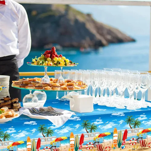 Vista 3 de 3 manteles de playa de verano, fundas de mesa temáticas de playa, decoración de mesa temática de cumpleaños hawaiano para verano, piscina, surf