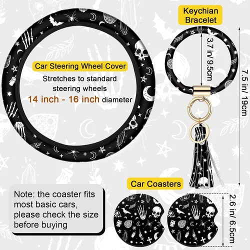 Vista 11 de Juego de 4 piezas de accesorios para auto con estampado de lunas negras y estrellas blancas, funda para volante con estampado de lunas negras