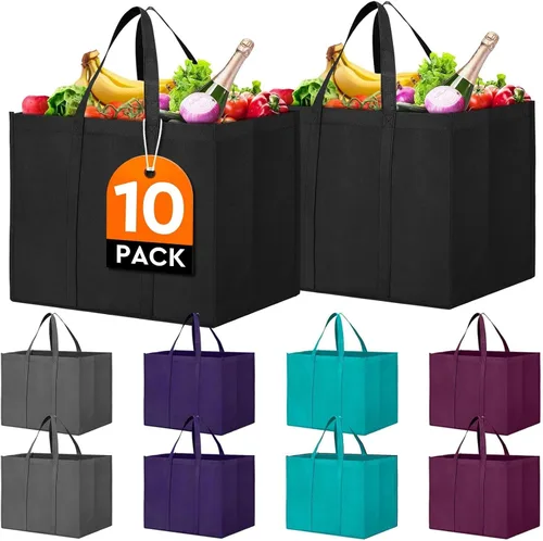 Vista 9 de Bolsas de compras reutilizables para comestibles, paquete de 10 bolsas grandes plegables a granel