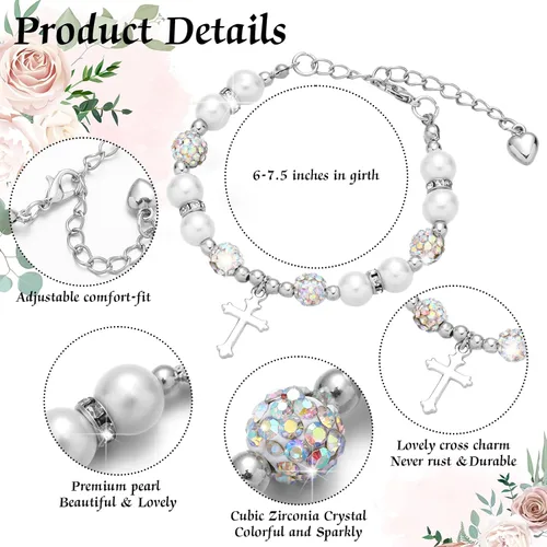 Vista 2 de 12 Piezas Pulseras de Cruz a Granel Regalos Católicos para Mujeres Hombres Recuerdos de Bautismo para Invitados Dije de Diamante de Imitación Perla