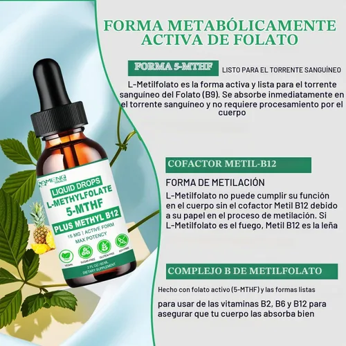 Vista 6 de Suplemento de metilfolato gotas líquidas, L Methy Folate 15mg Plus Methy B12, B6, B2 Multivitamínico, Metabólicamente Activo 5-MTHF