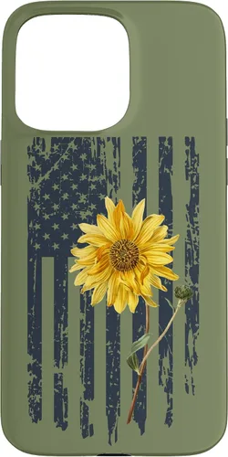 Vista 28 de iPhone 16 Yellow Sunflower Patriotic US American Flag Women Sage Green Case