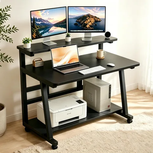 Vista 14 de Escritorio compacto de 39.4 pulgadas para computadora con mesa de trabajo de niveles y ruedas con bloqueo, escritorio pequeño para dormitorio