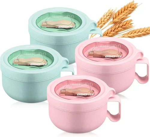 Vista 9 de Maxdot 4 piezas de tazón para microondas de ramen, tazones de sopa instantánea aptos para microondas con tapas, tazones grandes de sopa con asas