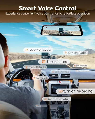 Vista 6 de WOLFBOX G850 PRO 4K Espejo Dash Cam con ADAS y BSD, espejo retrovisor inteligente con WiFi de 5.8 GHz, control de voz, cámara de 12 pulgadas incluye