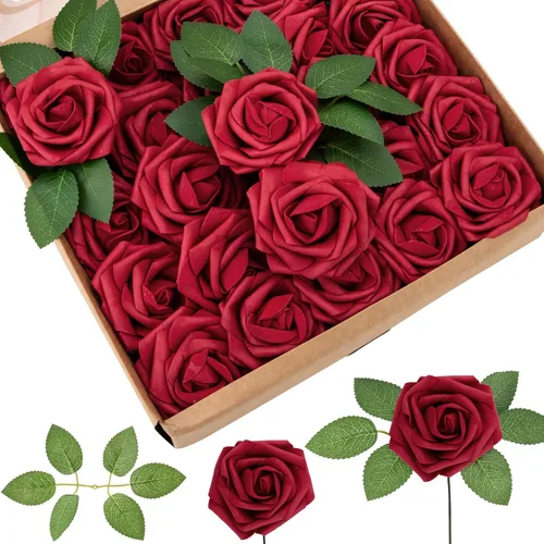 Vista 7 de Cliselda - 100 rosas artificiales de espuma falsa color blanco marfil con tallos