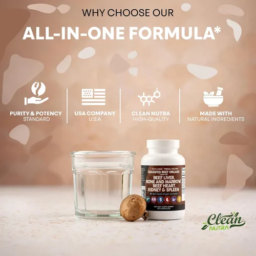 Vista 7 de Cápsulas de hígado de res alimentada con pasto de Clean Nutraceuticals - Suplemento de calidad premium empaquetado con corazón de res, bazo