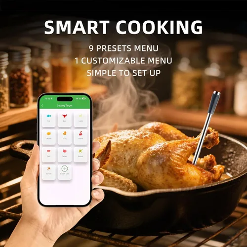 Vista 6 de Termómetro inteligente Bluetooth para carne con aplicación, termómetro digital inalámbrico para alimentos para asar a la parrilla, resistente al
