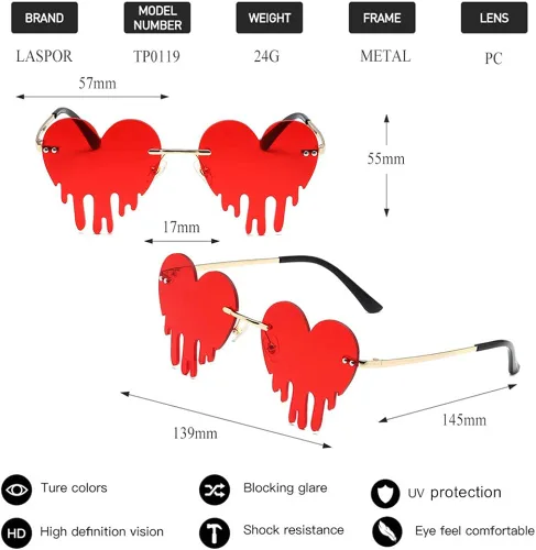 Vista 5 de LASPOR Gafas de sol de corazón derretidor para mujeres y hombres sin llantas gafas de fiesta de goteo de metal dorado sin marco gafas de lágrima