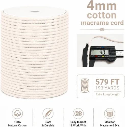 Vista 2 de Cordón de macramé de algodón natural de 0.157 in, 193 yardas (579 pies), color beige, cuerda suave 100% natural, fácil de desenredar. Ideal