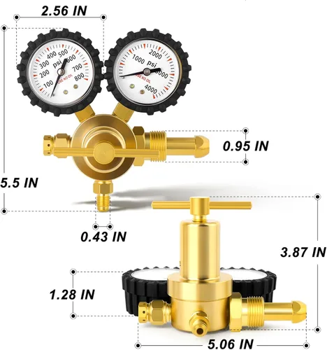 Vista 2 de MEANLIN MEASURE Regulador de nitrógeno 0-800PSI CGA580 Entrada, conector macho de 1/4 de pulgada con mango resistente, regulador de helio