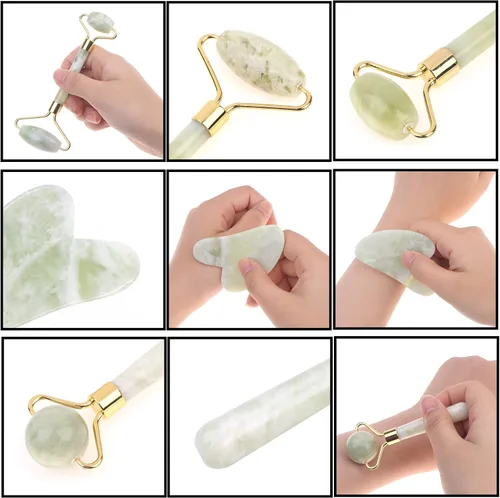 Vista 3 de HOTACE Rodillo de jade para cara, kit 3 en 1, herramienta de masajeador facial, piedra de jade natural, rodillo facial antienvejecimiento, juego