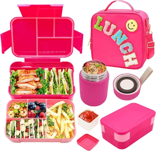 Vista 10 de Bolsa de almuerzo aislada para niños y niñas con termo de 10 onzas, con caja Bento de 6 compartimentos, lonchera de nailon negro preppy con correa