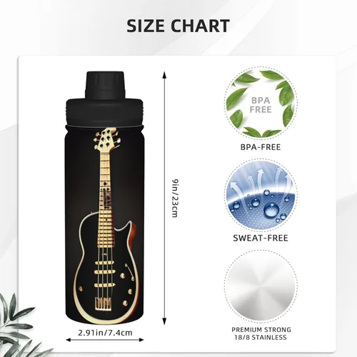 Vista 4 de Black Guitar Insulated Stainless Steel Kettle Print Funny Water Bottle Insulated Ideal for Sports and Travel