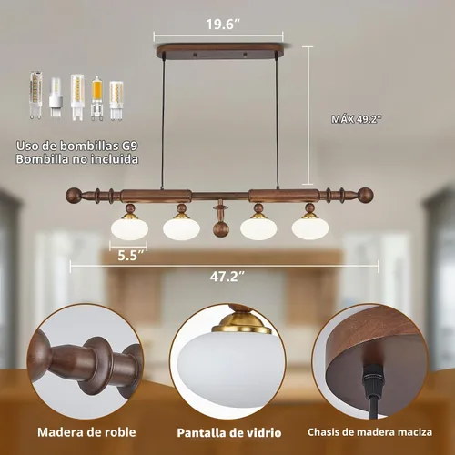Vista 3 de Lámpara de araña lineal de madera y globo de madera para comedor, lámpara rústica de 4 luces lineales para isla de cocina, lámpara colgante moderna