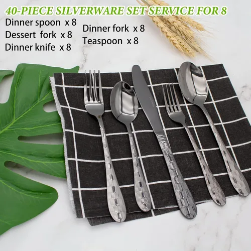 Vista 3 de Juego de cubiertos negros de 40 piezas para 8, cubiertos de acero inoxidable 18/10 para 8, elegante diseño de panal de abeja, incluye cuchillo