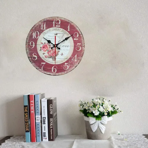Vista 3 de YeYo Reloj de pared redondo rojo simple estilo europeo rosa reloj de pared madera MDF impermeable flores silenciosas decoración para el hogar, sala