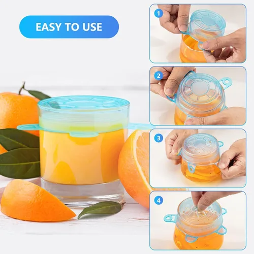 Vista 2 de Pequeñas tapas elásticas de silicona, 12 piezas de 2.6"/6.5cm, tapas de contenedor de silicona reutilizables sin desperdicio para tarros, cuencos