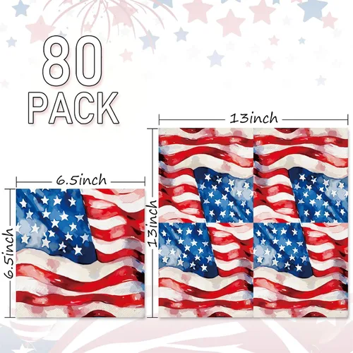 Vista 2 de JarThenaAMCS 80 servilletas de papel patrióticas con la bandera estadounidense, servilletas desechables del 4 de julio, servilletas de almuerzo
