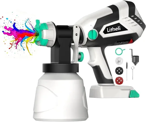 Vista 8 de Litheli HVLP - Pulverizador de pintura con motor sin escobillas, pistola de pintura inalámbrica de 20 V con batería de 4.0 Ah y cargador y 4