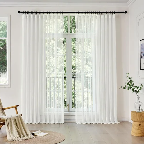 Vista 3 de Cortinas de lino plisadas color blanco hueso de 94 pulgadas, 2 paneles