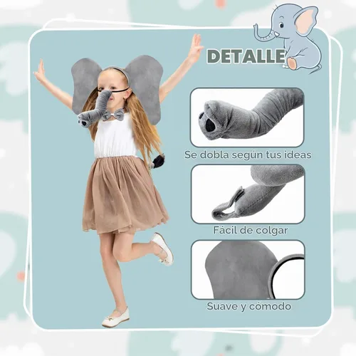 Vista 3 de Baaxxango 4 piezas de disfraz de elefante para niños, diadema de orejas de elefante, corbata de moño y cola, accesorios de disfraz de elefante