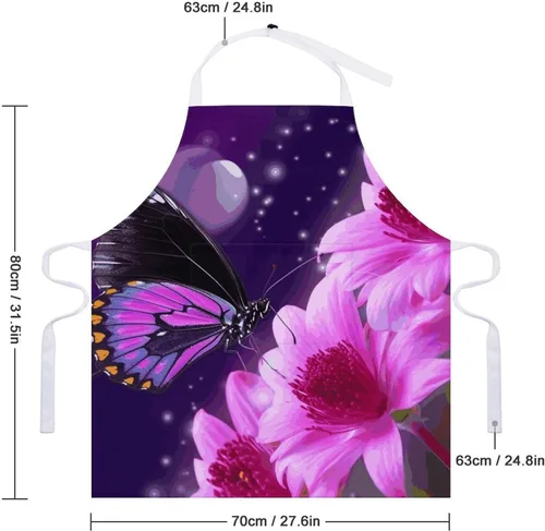 Vista 2 de MUSM Purple Butterfly And Flower Apron，Classic Vintage Funny with Pockets Aprons,Adjustable Bib Waterdrop Resistant for Kitchen Cooking Restaurant
