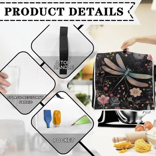 Vista 4 de Funda para batidora de pie de libélula bohemia compatible con mezclador de cocina de 4.5 a 5 cuartos de galón, a prueba de polvo, cubierta
