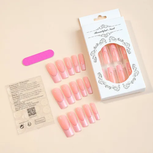 Vista 5 de 24 piezas de uñas postizas largas a presión de verano, uñas postizas de punta francesa, uñas postizas con purpurina rosa, diseños de puntas de uñas