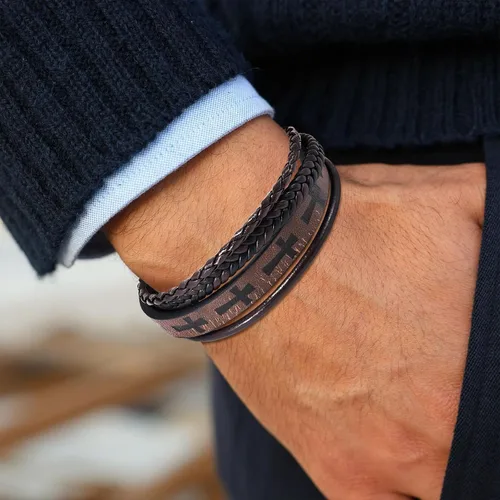 Vista 5 de Hamoery Men Leather Bracelet Punk Braided Rope Alloy Bracelet Bangle Wristband