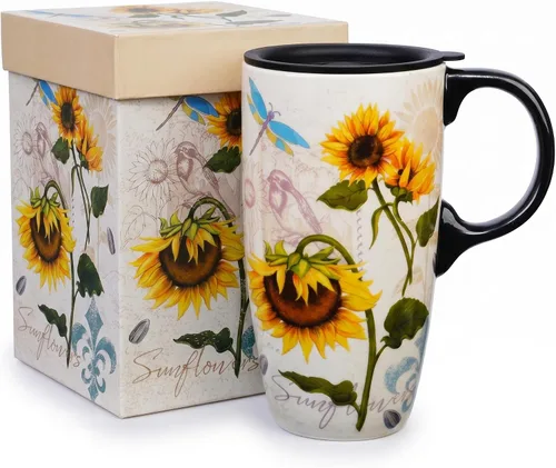 Vista 12 de Taza de café de cerámica de 17 onzas con tapa, taza de viaje de porcelana floral de margarita, taza de café alta con asa, apta para microondas