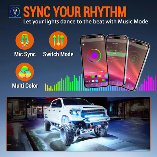 Vista 4 de Luces RGB para Rocas, 8 pods Kits de Luces Underglow de Neón, Control Remoto APP/RF y Modo Musical, Lámparas Inalámbricas Impermeables Multicolor