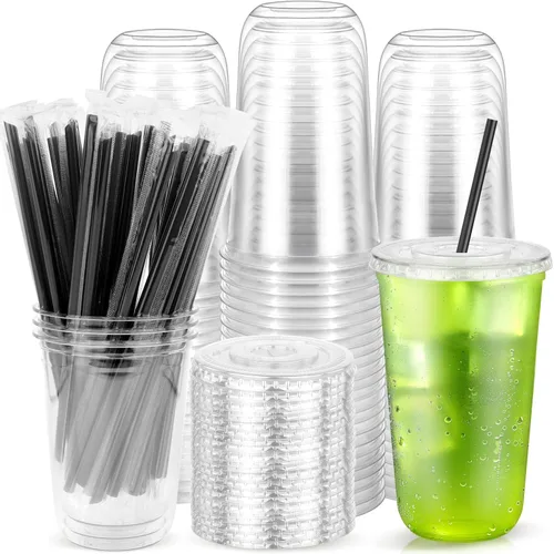 Vista 9 de Paquete de 100 vasos de plástico transparente con tapas planas y pajitas, tazas desechables de 12 onzas para café helado, vasos de plástico