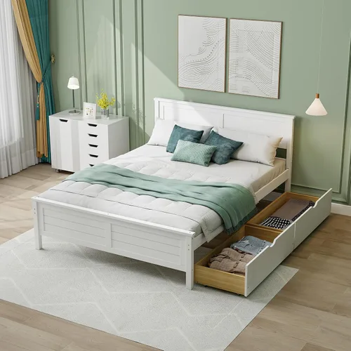 Vista 10 de Giantex Cama individual de madera con 2 cajones de almacenamiento, plataforma de madera maciza con cabecero, base de colchón de soporte de listones