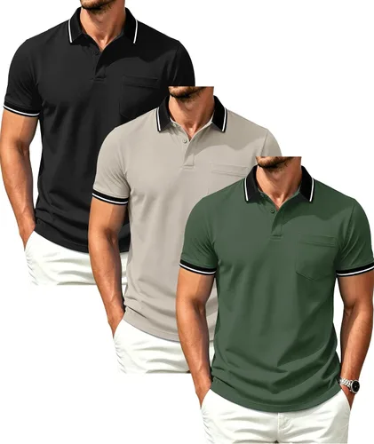 Vista 13 de GEEK LIGHTING Paquete de 3 camisas polo de manga corta con bolsillo para Negro Gris Armygreen