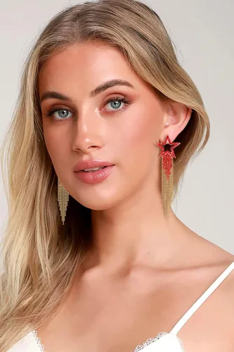 Vista 3 de Pendientes de borla para mujer, diseño de estrella, de cristal, estilo bohemio, cascada, con flecos, aretes colgantes