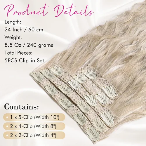 Vista 7 de REECHO Extensiones de cabello con clip, 5 piezas, de 24 pulgadas, de color rubio ceniza, extensiones de cabello con ondas largas y sueltas, HE002