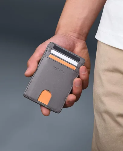 Vista 7 de Buffway Billetera delgada para hombre, minimalista con bolsillo frontal delgado, tarjetero de cuero con bloqueo RFID para viajes de trabajo