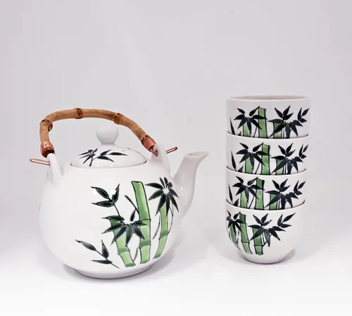 Vista 4 de Juego de té de porcelana con mango de bambú de estilo japonés con infusor, blanco con diseño de bambú verde, tetera de 30 onzas con 4 tazas, caja