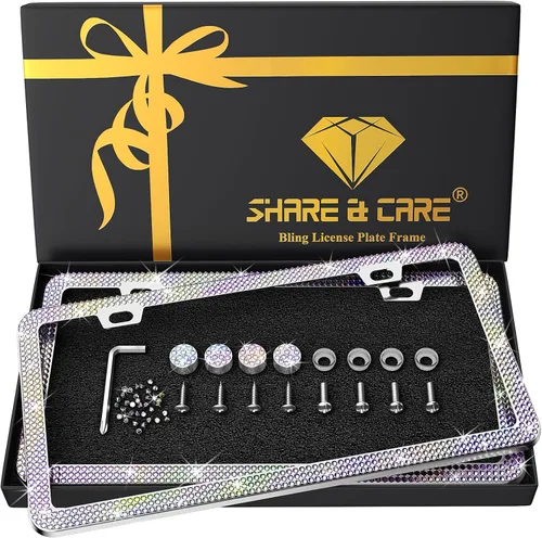Vista 18 de SHARE&CARE Marco de matrícula brillante, cubierta de matrícula de cristal, soporte para placa de automóvil con diamantes de imitación de cristal AB