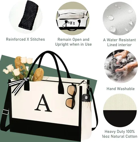 Vista 5 de Regalos de cumpleaños para mujer, bolsa de playa de lona con iniciales y bolsillos con cremallera, regalos personalizados para madre de la novia