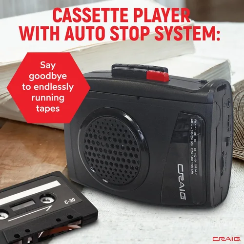 Vista 6 de Craig Reproductor de cassette estéreo/grabadora con auriculares: radio AM/FM portátil y sistema de grabación de un solo toque