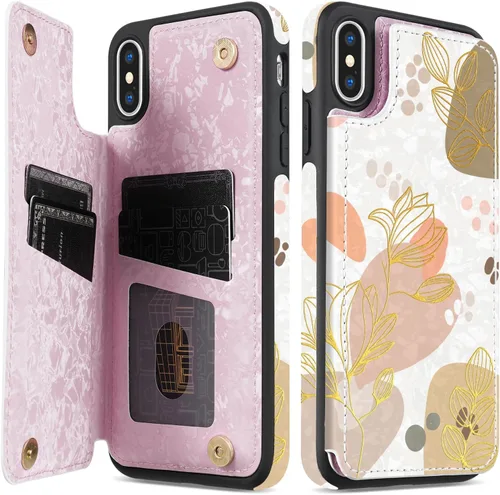 Vista 16 de NNH Funda tipo cartera compatible con iPhone Xs Max con bloqueo RFID, ranuras para tarjetas, folio de piel sintética, función atril, doble cierre