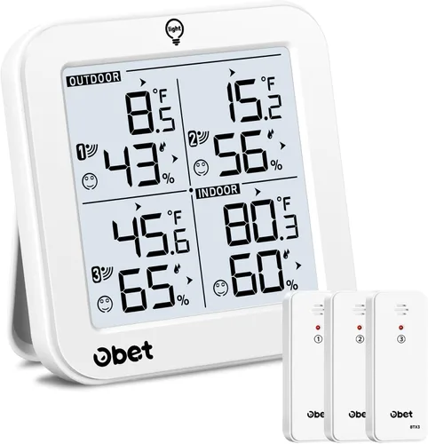 Vista 8 de OBET Termómetro inalámbrico para interiores y exteriores con 3 sensores, estación meteorológica, monitor de temperatura y humedad, rango de 500 pies