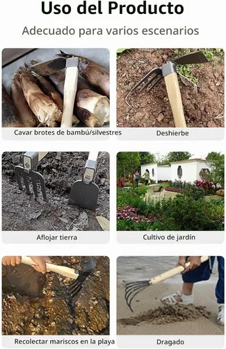 Vista 4 de Herramienta de jardín de mano, azada con mango de madera corto, herramienta de mano para excavar el jardín, ideal para aflojar o desherbar el suelo