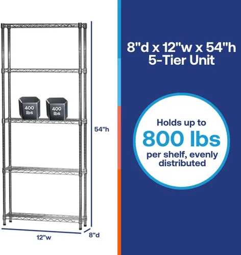 Vista 6 de Shelving Inc. Estantería de alambre cromado de 8 pulgadas de profundidad x 12 pulgadas de ancho x 54 pulgadas de alto con estantes de 5 niveles